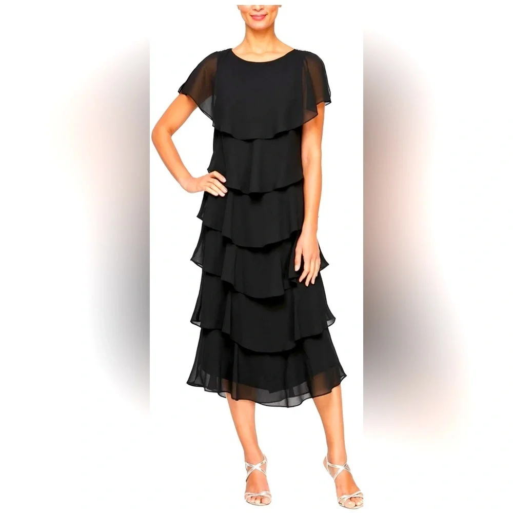 Patra Black Chiffon Tiered Sheath Dress with Capelet Sleeves, Size 16 - Picture 12 of 12